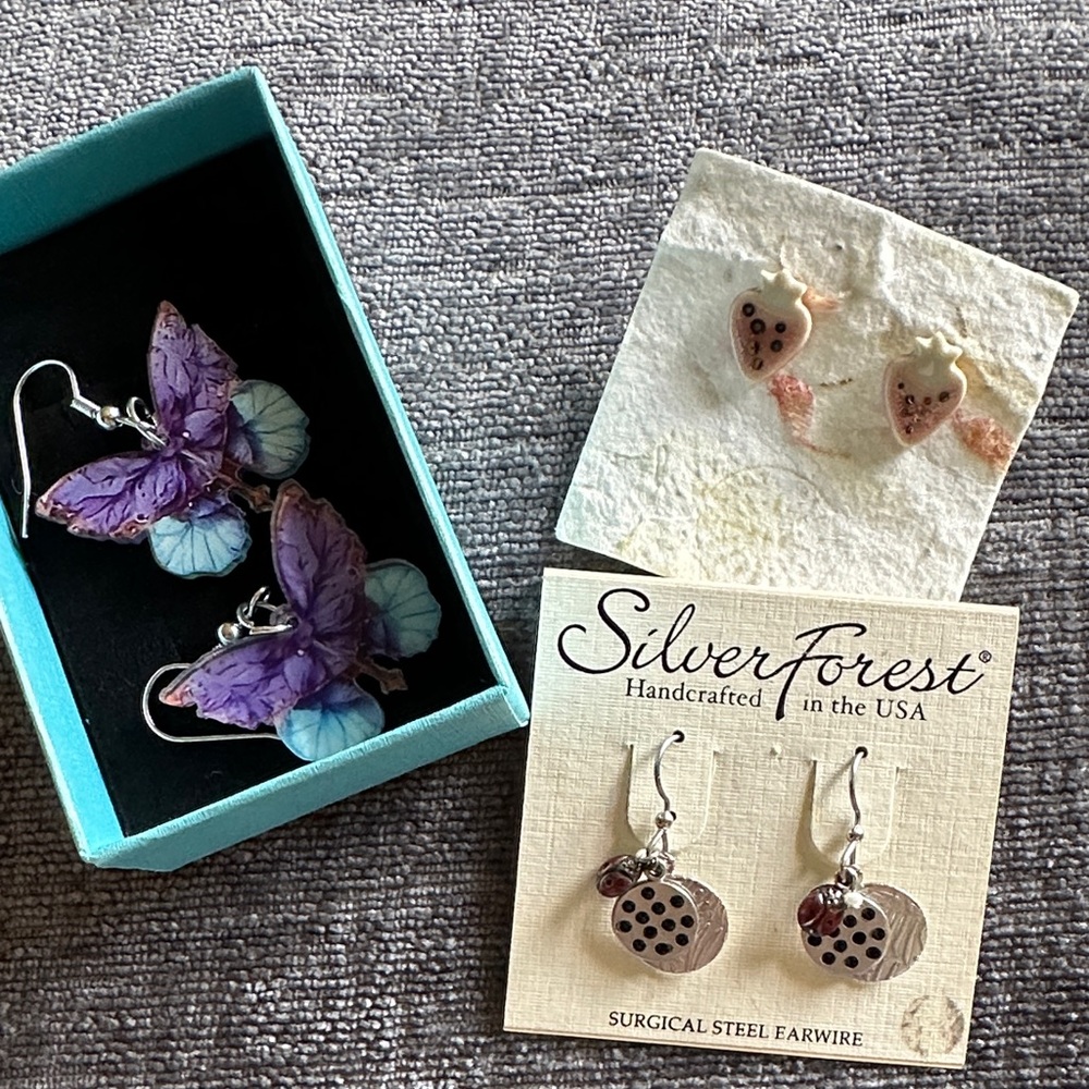Silver Forest, Ceramic Berry and Blue Butterfly Earrings All NWT